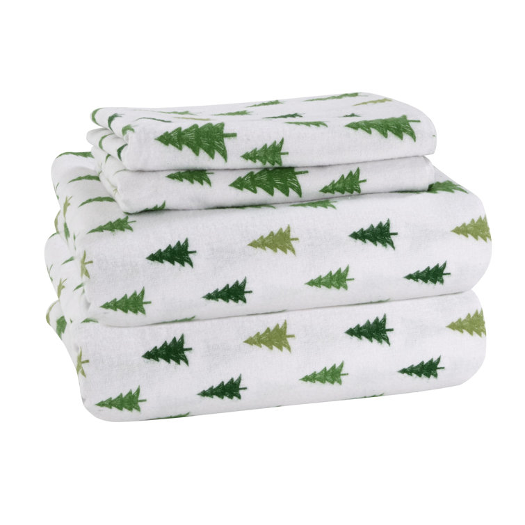 Ivory Christmas Tree Print Queen Flannel Sheet Set