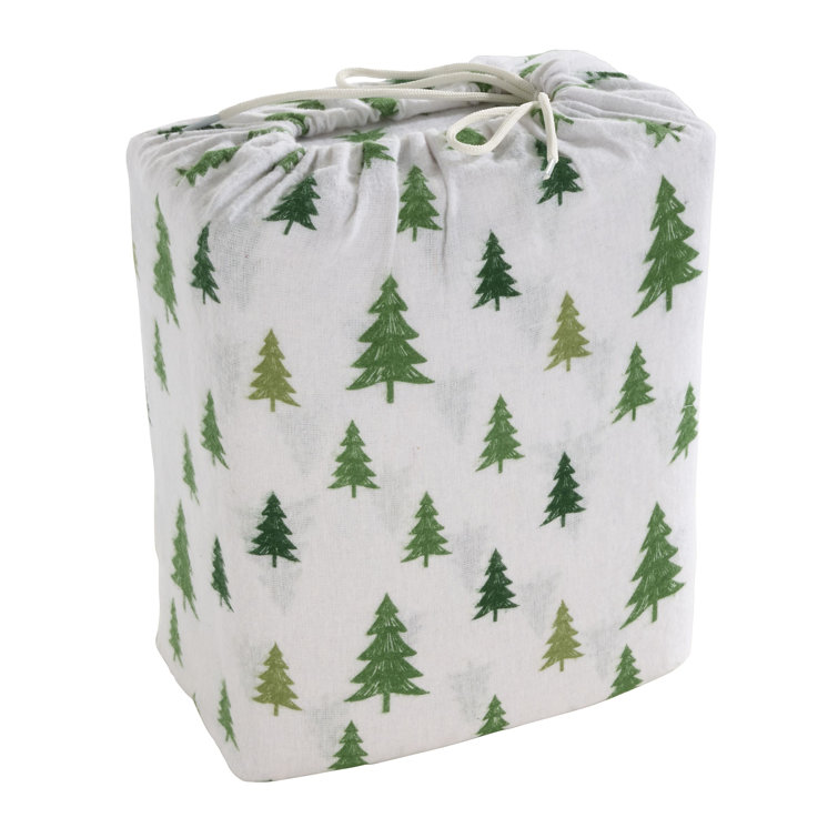 Ivory Christmas Tree Print Queen Flannel Sheet Set
