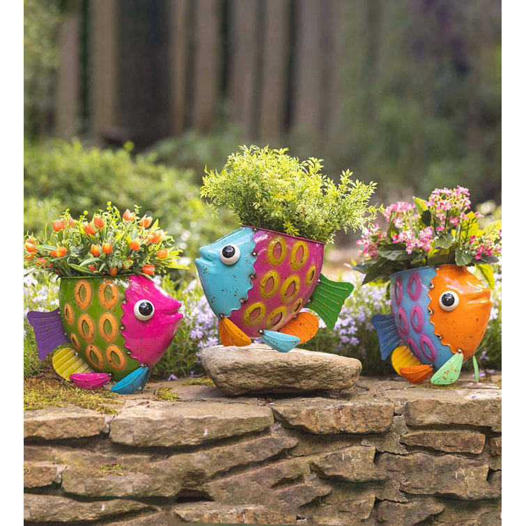 Colorful Metal Fish Indoor/Outdoor Planter Set of 3