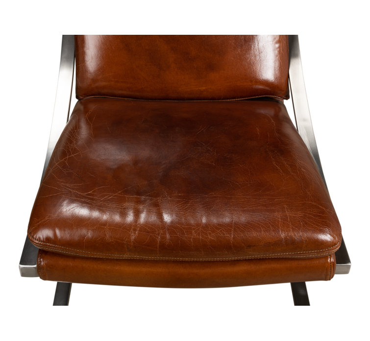 Brown Genuine Leather and Metal Armless Chair