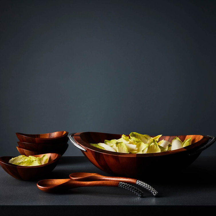 Acacia Wood and Chrome Braid Salad Bowl with Servers