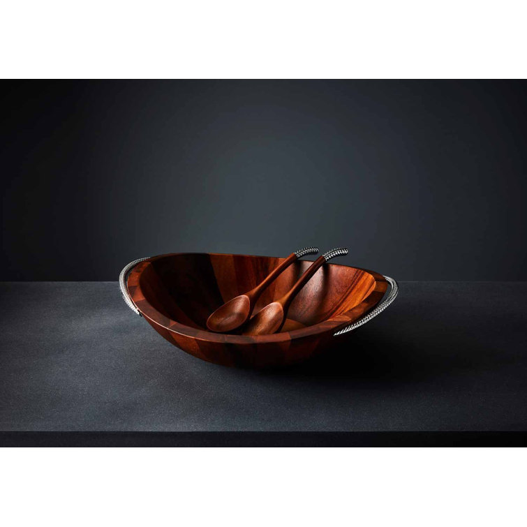 Acacia Wood and Chrome Braid Salad Bowl with Servers