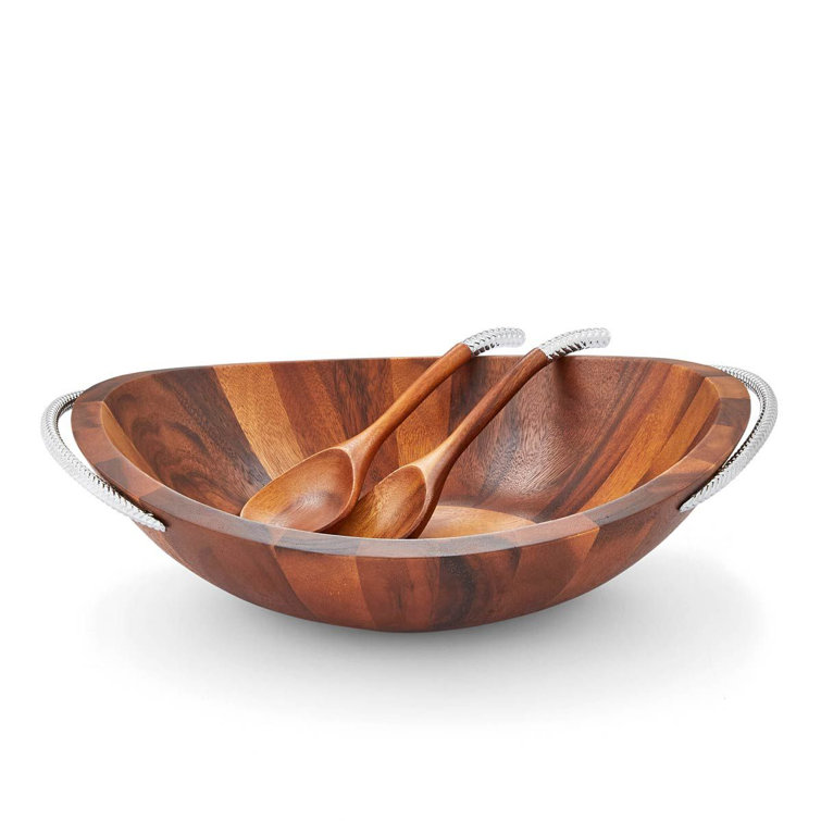 Acacia Wood and Chrome Braid Salad Bowl with Servers