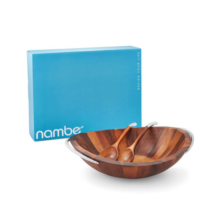 Acacia Wood and Chrome Braid Salad Bowl with Servers