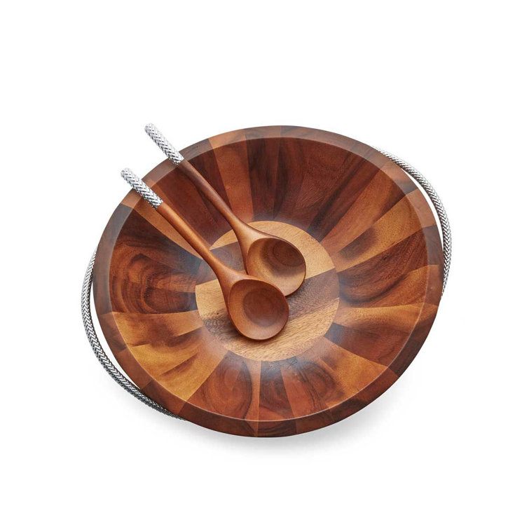 Acacia Wood and Chrome Braid Salad Bowl with Servers