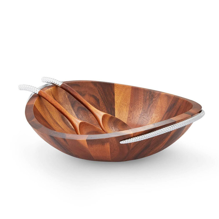 Acacia Wood and Chrome Braid Salad Bowl with Servers