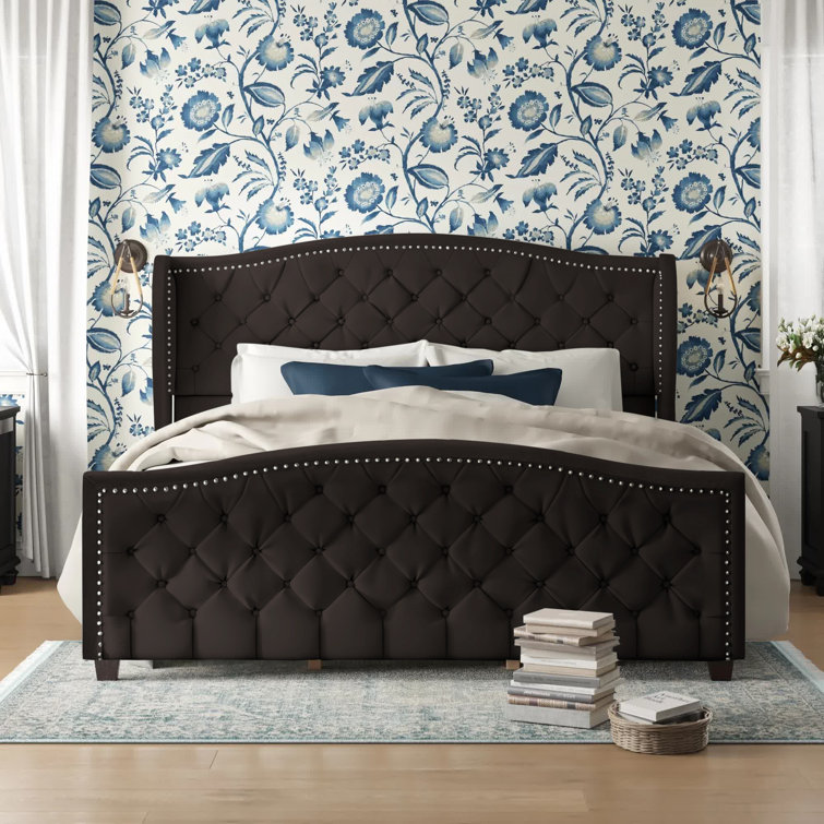 Arctic Blue Velvet Upholstered King Bed with Nailhead Trim
