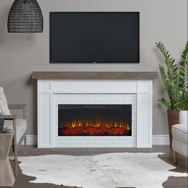Cravenhall 64" White Faux Brick Electric Fireplace with Rustic Mantel