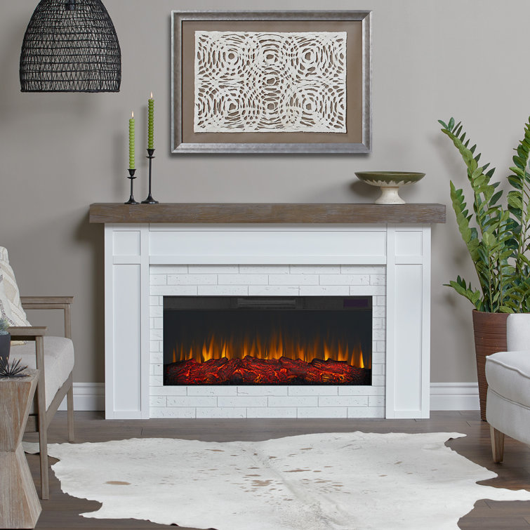 Cravenhall 64" White Faux Brick Electric Fireplace with Rustic Mantel