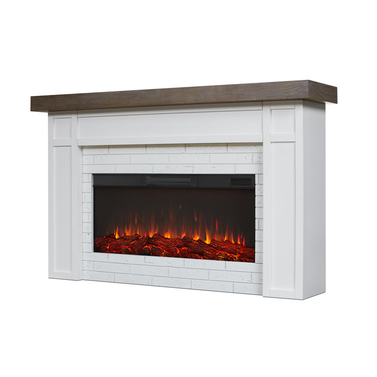 Cravenhall 64" White Faux Brick Electric Fireplace with Rustic Mantel