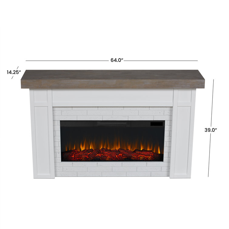 Cravenhall 64" White Faux Brick Electric Fireplace with Rustic Mantel