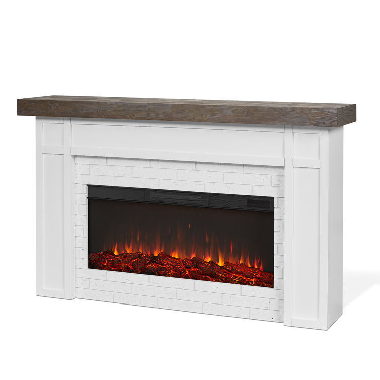 Cravenhall 64" White Faux Brick Electric Fireplace with Rustic Mantel