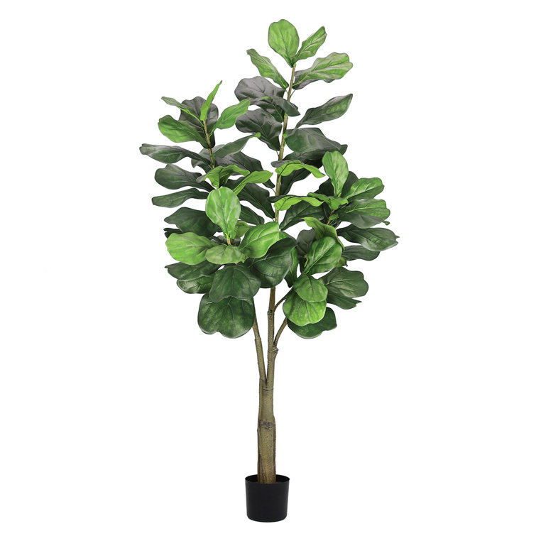 72'' Green Artificial Fiddle Leaf Fig Plant in Black Pot