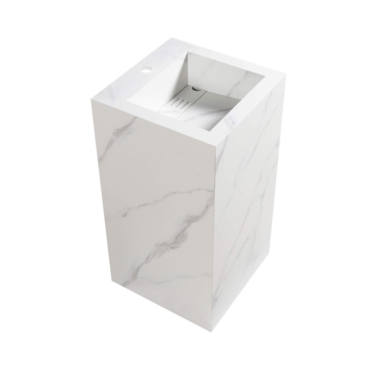 White Carrara Stone Square Pedestal Bathroom Sink