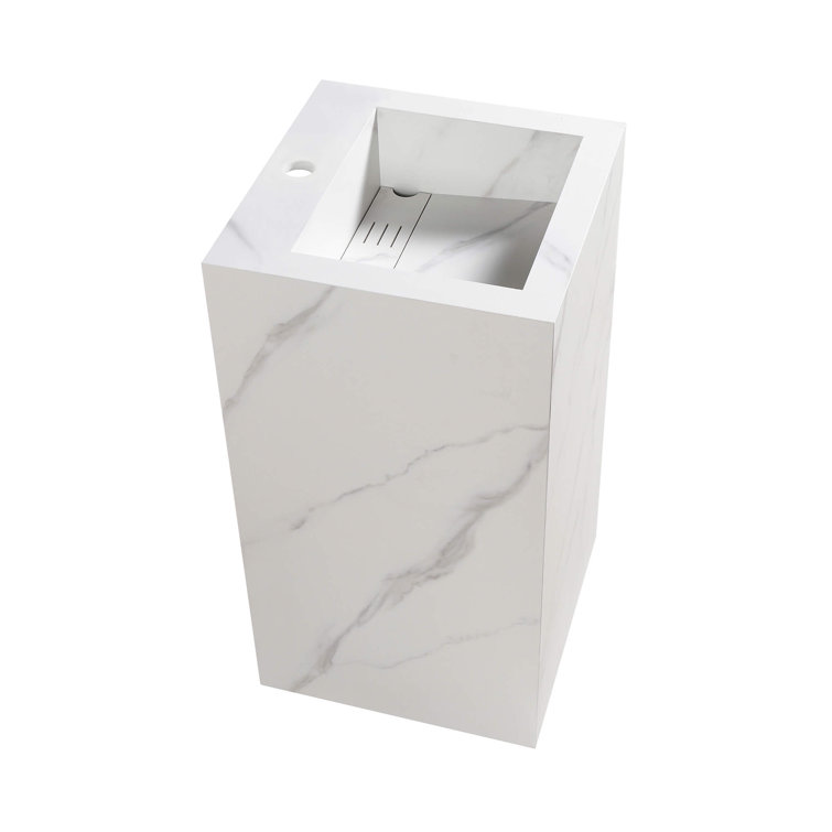 White Carrara Stone Square Pedestal Bathroom Sink