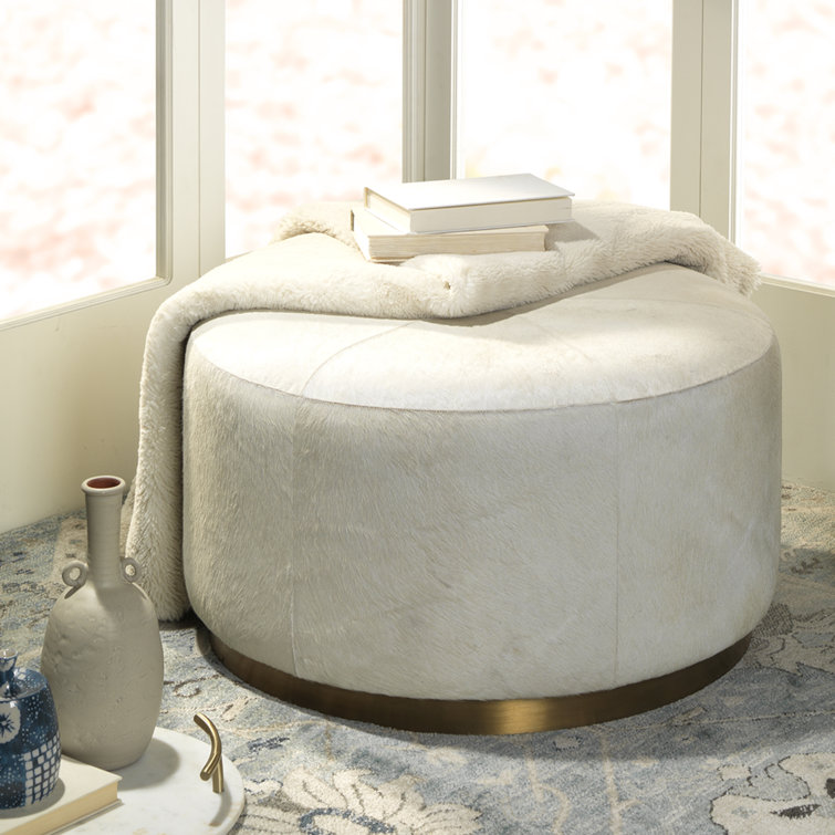 Thackeray Round White Velvet Brass-Accented Pouf