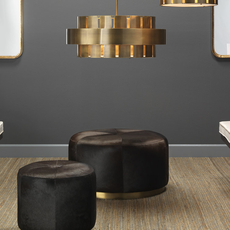 Sanford Round White Hair-on-Hide Pouf with Brass Base