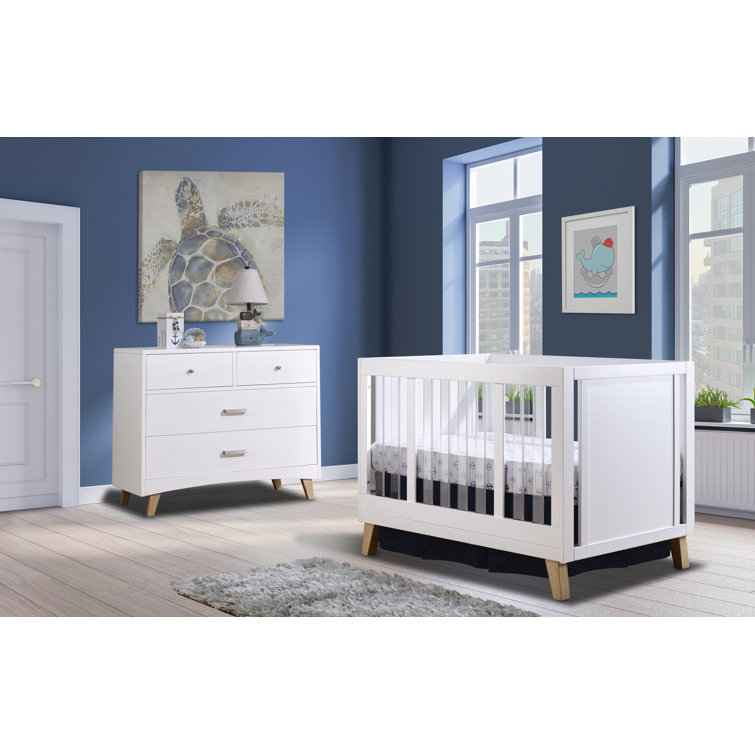 White and Natural Wood 4-Drawer Vertical Nursery Dresser