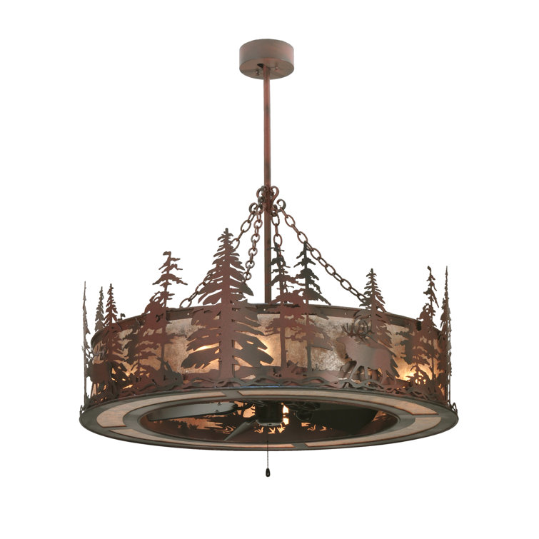 Rustic Elk at Dusk 8-Light Chandelier with Fan & Silver Mica Diffuser
