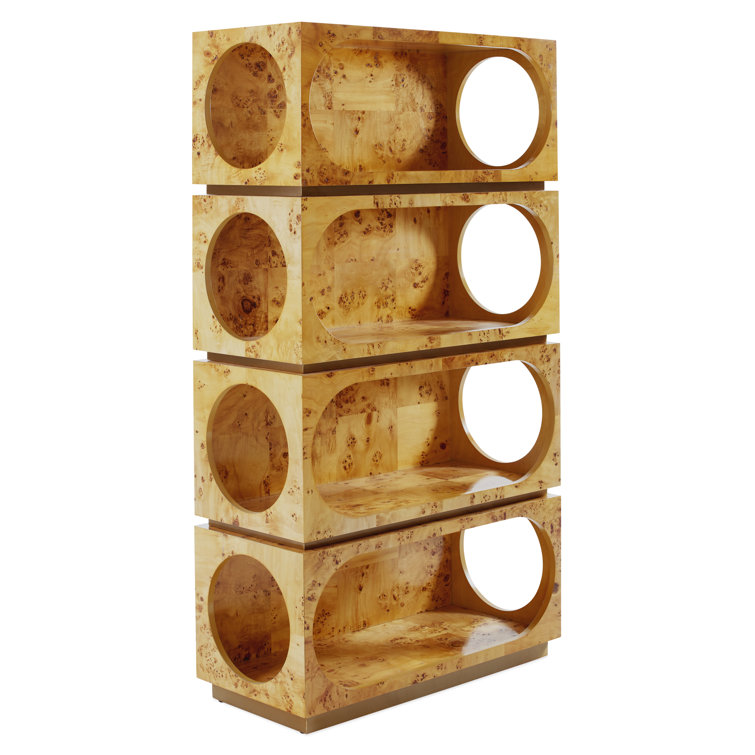 Burled Wood and Brass 4-Shelf Bookcase