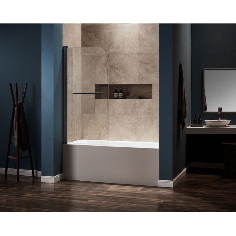30'' W x 59'' H Black Frameless Pivot Tub Door with Clear Glass