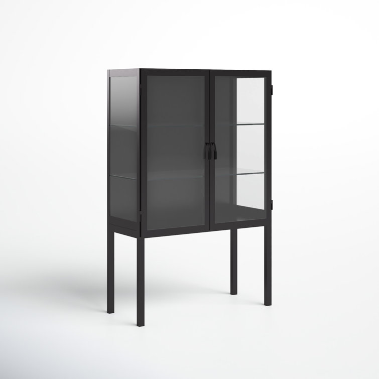 Lomita Minimalist Black Iron & Clear Glass Wide Storage Cabinet