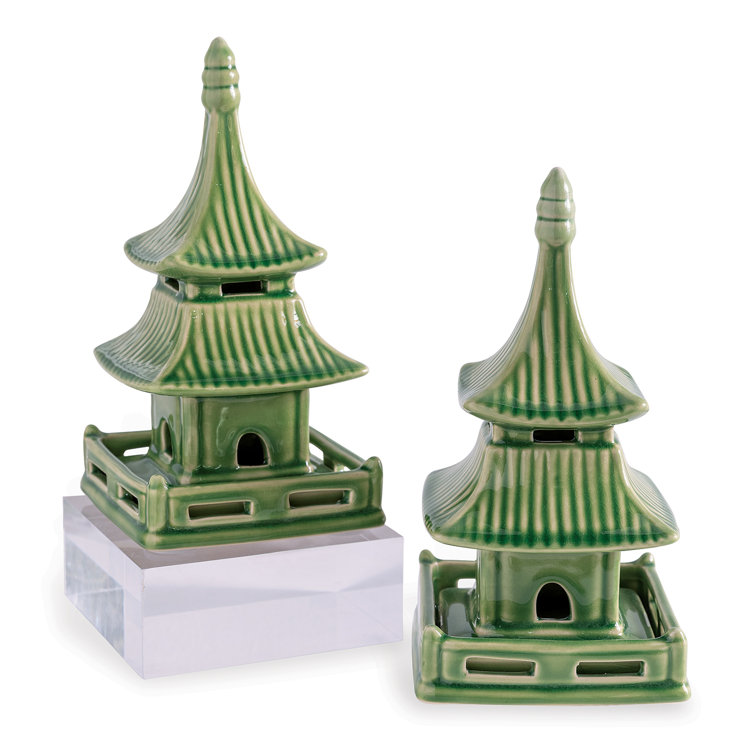Set of 2 Green Porcelain Pagoda Decorative Objects