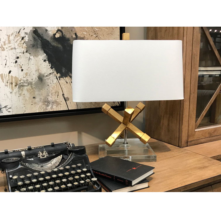 Distressed Gold and Chrome 18" Steel Shelf Lamp with Cream Linen Shade