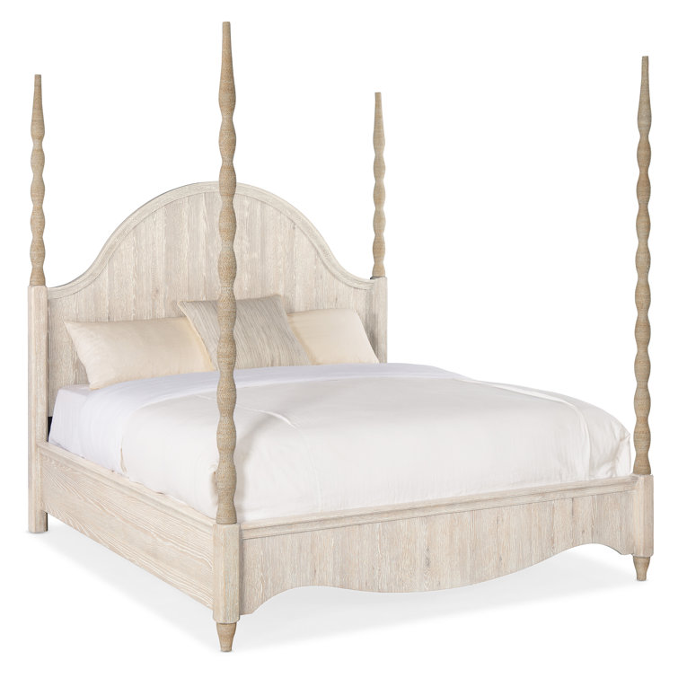Transitional Beige King Poster Bed with Upholstered Headboard and Drawer