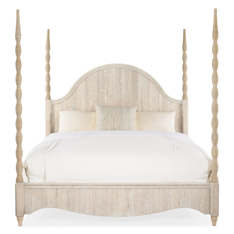 Transitional Beige King Poster Bed with Upholstered Headboard and Drawer
