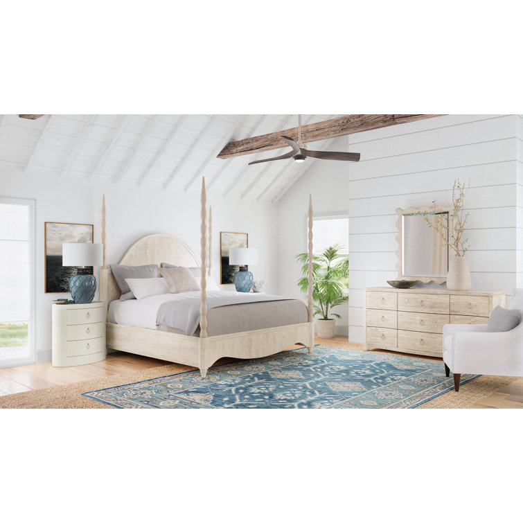 Transitional Beige King Poster Bed with Upholstered Headboard and Drawer