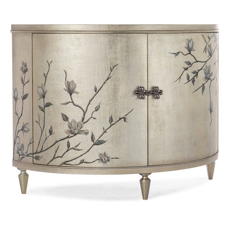 Marguerite Demilune Chest in Champagne Linen with Silver Floral Knobs