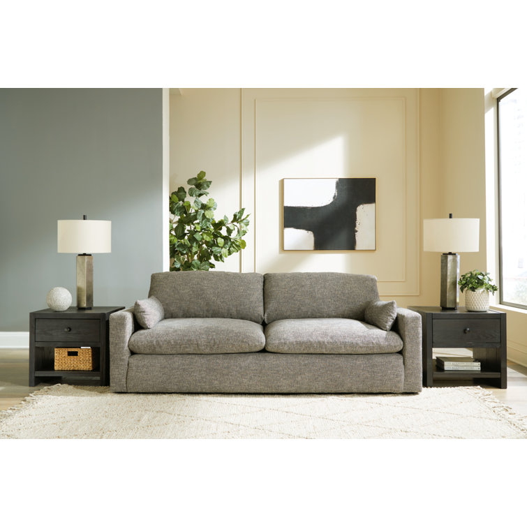 Contemporary Granite 90" Gray Fabric Sofa with Metal Track Arms