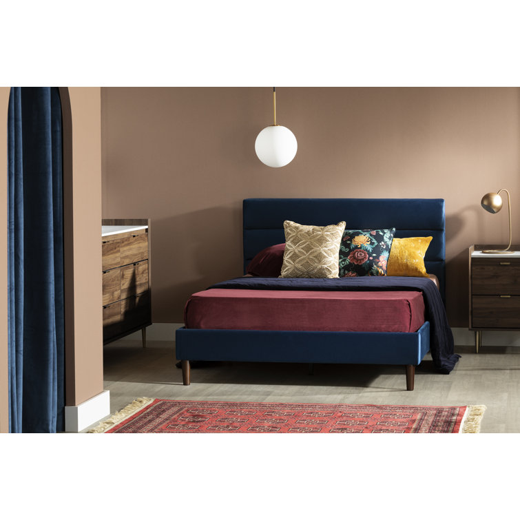Blue Velvet Upholstered Full Platform Bed with Headboard