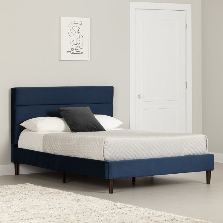 Blue Velvet Upholstered Full Platform Bed with Headboard