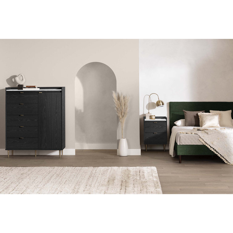 Black Oak and Faux Carrara Marble 5-Drawer Glam Dresser