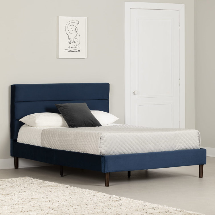 Blue Velvet Upholstered Full Platform Bed with Headboard