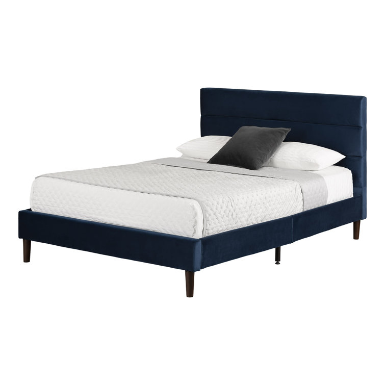 Blue Velvet Upholstered Full Platform Bed with Headboard