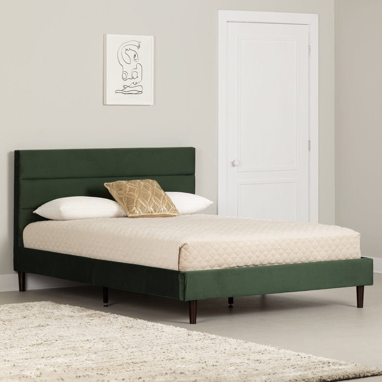 Green Velvet Upholstered Queen Platform Bed with Headboard