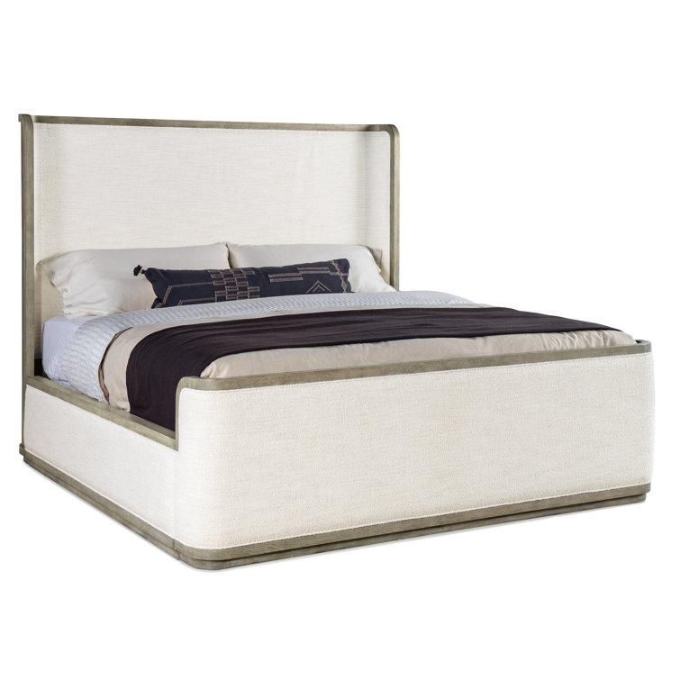 Beige and Gray Queen Upholstered Bed with Wood Frame