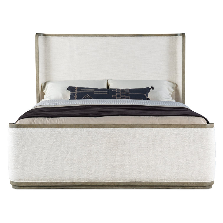Beige and Gray Queen Upholstered Bed with Wood Frame