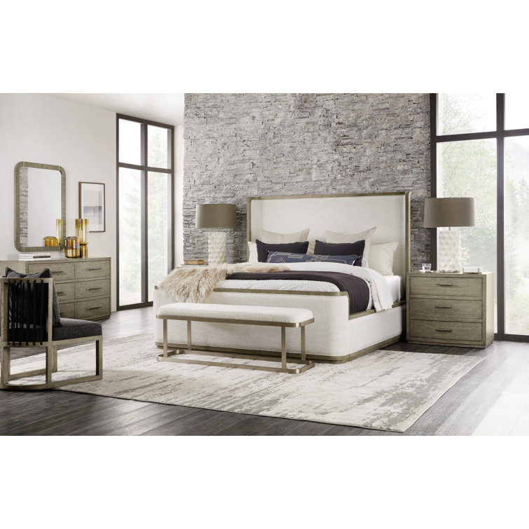 Beige and Gray Queen Upholstered Bed with Wood Frame