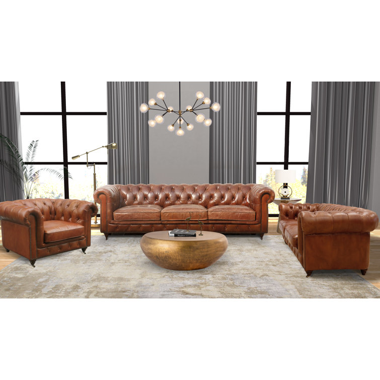 Brown Genuine Leather Tufted Chesterfield Sofa with Rolled Arms