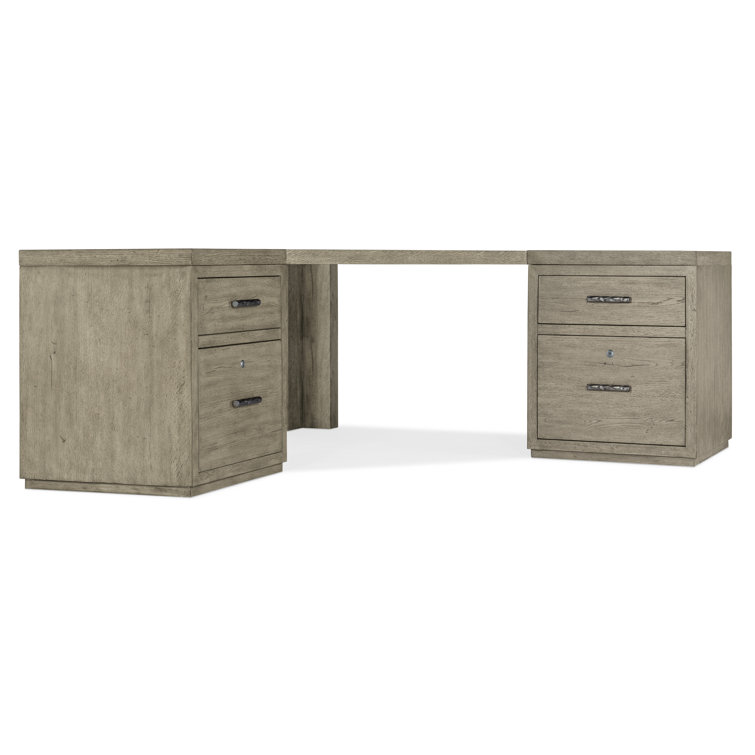 Gray Oak Corner Desk with Filing Cabinets and Drawers