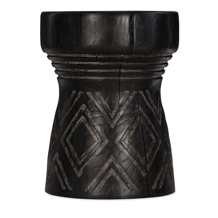 Black Carved Wood and Stone Round End Table