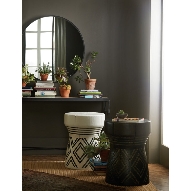 Black Carved Wood and Stone Round End Table