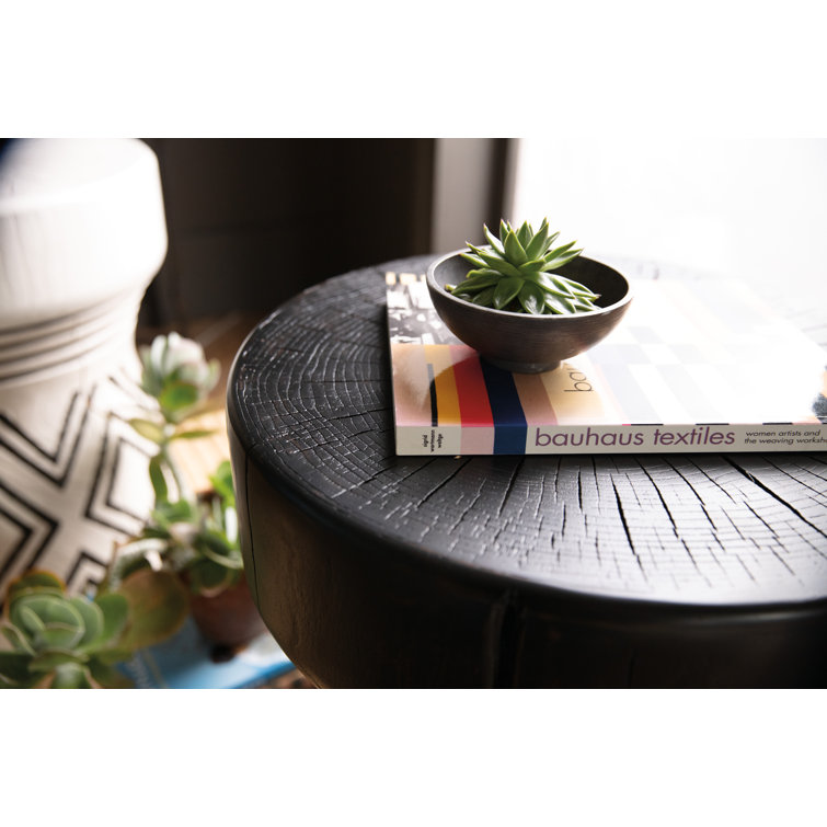 Black Carved Wood and Stone Round End Table