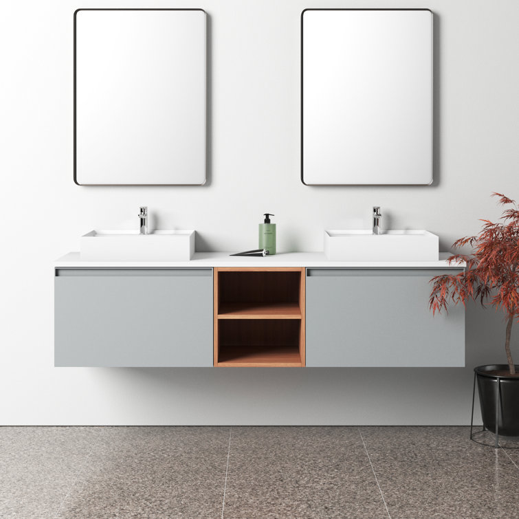 Manarola 72" Light Gray Wall-Mount Modern Vanity with Walnut Shelves