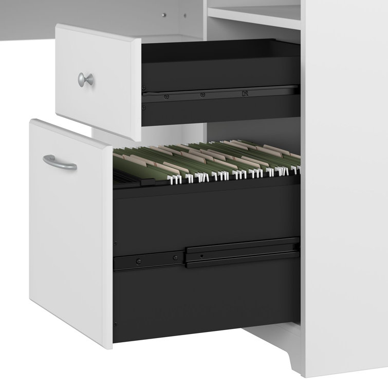 White L-Shaped Wood Composite Desk with Hutch and Filing Cabinet