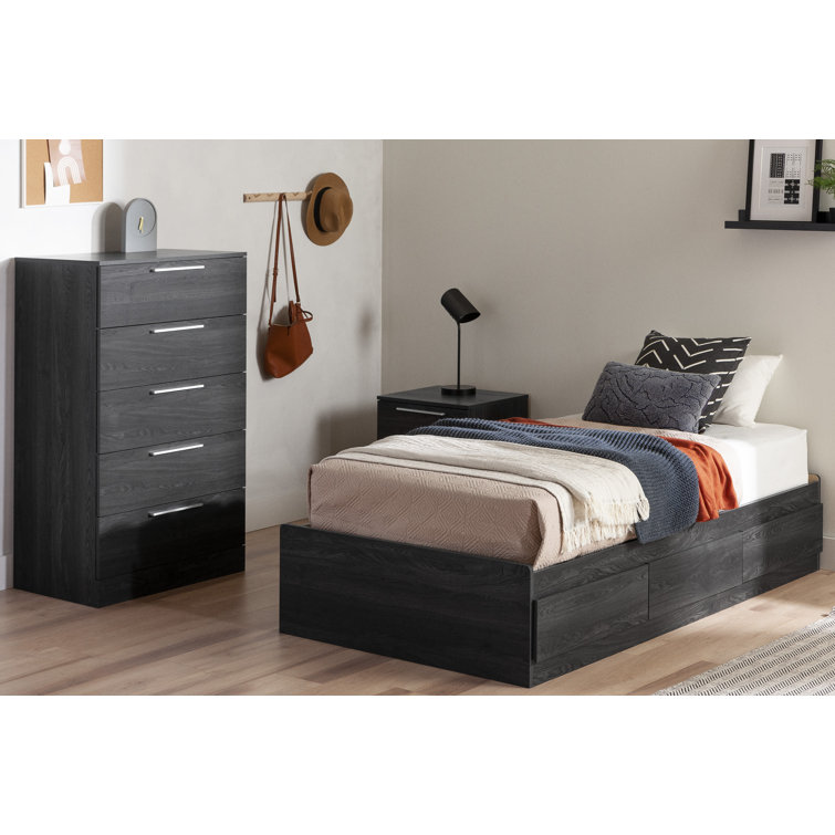 Twin Gray Oak Platform Bed with 3 Storage Drawers